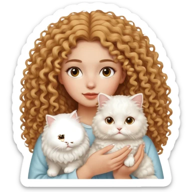 lightskin girl with frizzy curly hair, clean girl makeup, holding a white Persian cat sticker