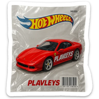 Hot Wheels packaging with a red Ferrari featuring bold racing-style 'PLAVLEYS' text on the car, shiny and inflated, vacuum-sealed style sticker