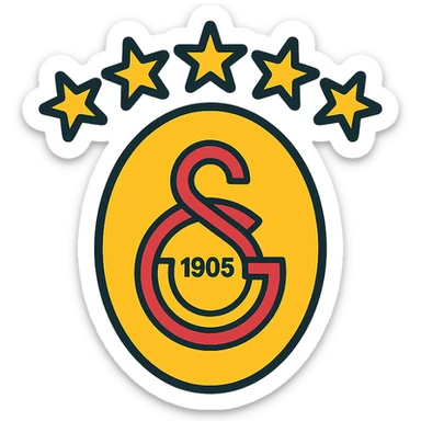 lineal color icon of Galatasaray crest with five stars above, black outlines, filled with yellow and red, optimized for digital interfaces sticker