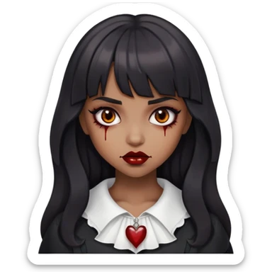 Brown girl but not too dark, super black hair, wavy hair and straight bangs, brown eyes, vampiric or gothic appearance, a little blood only on the lips  sticker