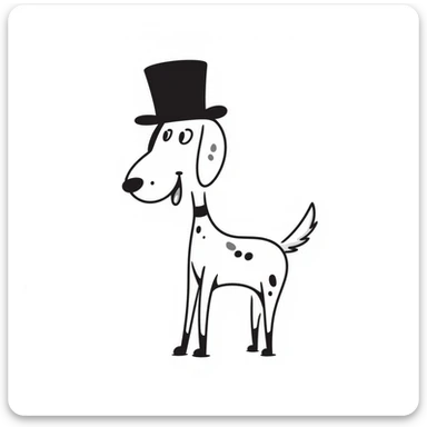 Stick Dog style dog with a top hat, minimal stick-figure illustration sticker