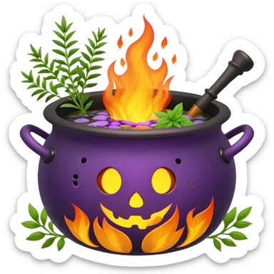 Cauldron with herbs, flowers and fire sticker