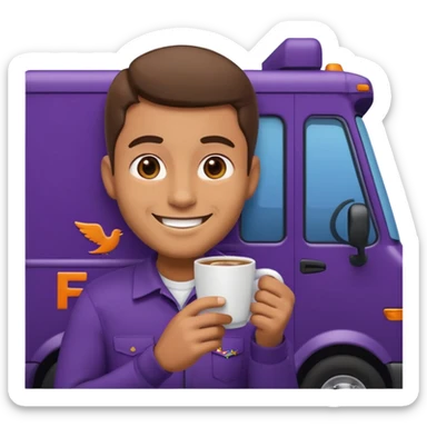 emoji of FedEx delivery man is sipping coffe while sitting in the FedEx truck sticker