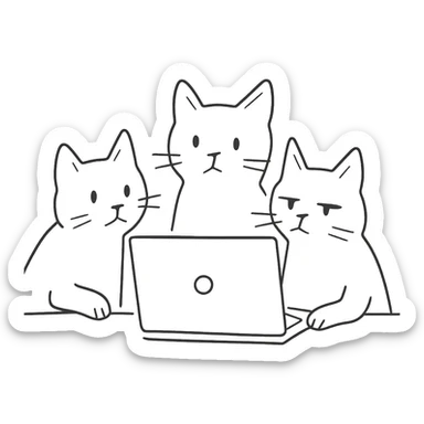 three cats at a computer, hand-drawn outline style sticker