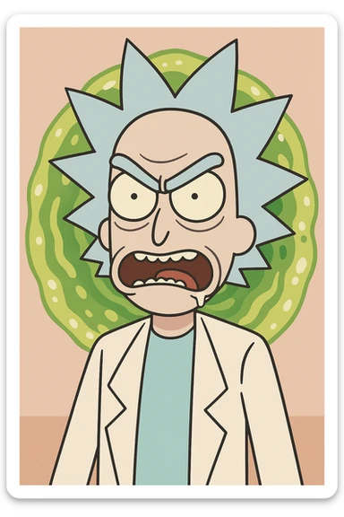 Rick Sanchez from Rick and Morty, angry face, portal background, cartoon style sticker