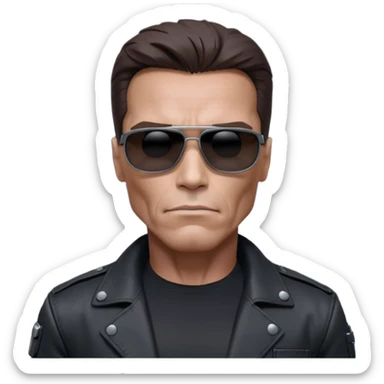 Schwarzenegger-like Terminator, upper body only, wearing his iconic clothes in black (all clothes must be black), looking more human with minimal robotic details, and wearing dark sunglasses, hair must be dark sticker