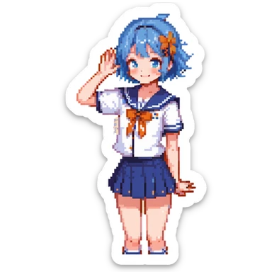 Pixel art anime girl with short bright blue hair wearing Japanese sailor style school uniform, composed posture with hand on hip but shyly waving with other hand, blushing face and timid smile, very shy expression sticker