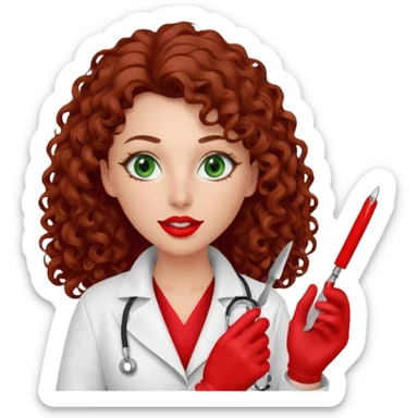 Lilith symbol sexy evil woman. She has green eyes.  had brown long curly hair.  evil surgeon kills with scalpel wears red sexy doctor coat with red mouth cover red gloves. Covers nose, neck  and mouth with Muslim red berka sticker
