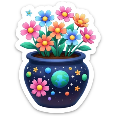 Space-Painted Clay Pot of Space-Petalled Flowers,  sticker