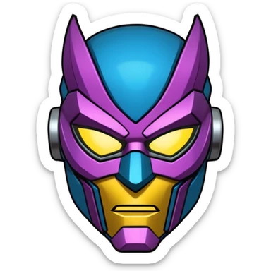 "Stylized sticker of a mechanical superhero mask, urban graffiti style, sharp edges, neon light accents, thick contour lines, high contrast, matte finish, isolated on white." sticker