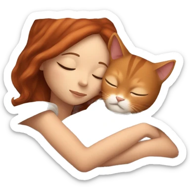 A white girl with brown hair sleeps with a red cat in a blanket sticker
