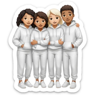 four mixed race friends all wearing white oversized hoodies, white sweatpants, and white slides huddled together hugging sticker