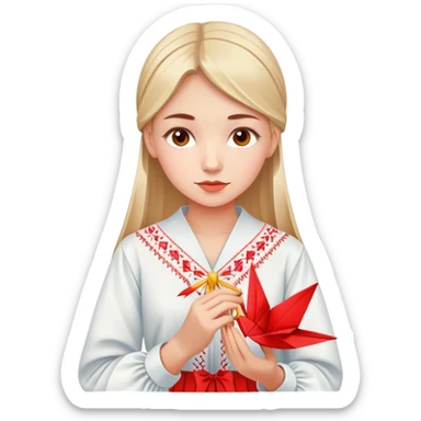Ukrainian young girl in traditional embroidered vyshyvanka shirt holding a red origami paper crane sticker