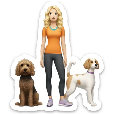white woman with long blonde hair and cat shaped eyes wearing a yoga outfit standing alongside a tri-colored bernadoodle dog sticker