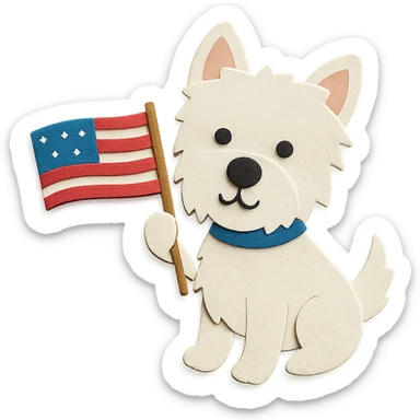 West Highland White Terrier (Westie) holding and waving an American flag, paper craft style sticker