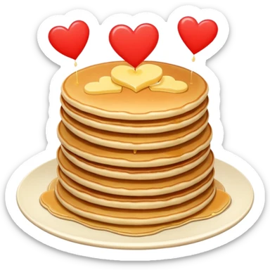 8 pancakes pilled up with butter on top and two little red hearts on the air sticker