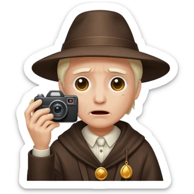 Enigmatic Conjurer holding camera and crying sticker