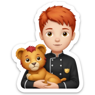 boy kid italian chef, red haired, uniform, holding plush lion sticker