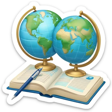 Create an emoji representing language translation. The design should feature just one globe in the background, symbolizing international communication. In front of the globe, place two opened books with texts on them and a pen nearby to indicate the act of writing. Use a clean and professional color palette with blues, greens, and neutral tones. Make the background transparent. sticker