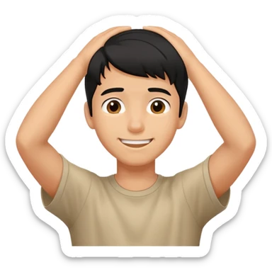 embarrassed smiling boy with hand behind head and black hair sticker