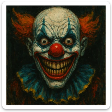 scary happy face, clown-like, exaggerated smile, creepy vibe, bold colors, unsettling and creepy expression sticker