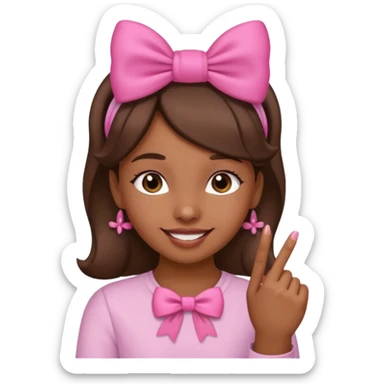 Chica morena sonriendo con un lazo rosa en la cabeza y mordiendose la punta del dedo indice con delicadeza sticker