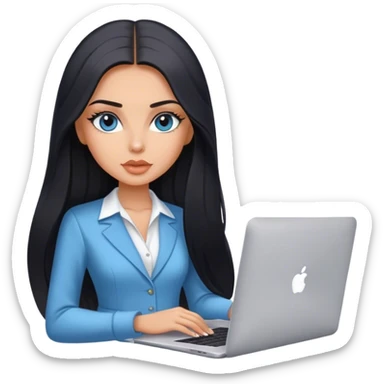 Glamours tanned very beautiful girl with pump peach nude lips and black straight smooth long hair, blue-grey eyes in beautiful clothing with MacBook sticker