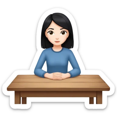 white girl black hair sitting at table with hands flat sticker