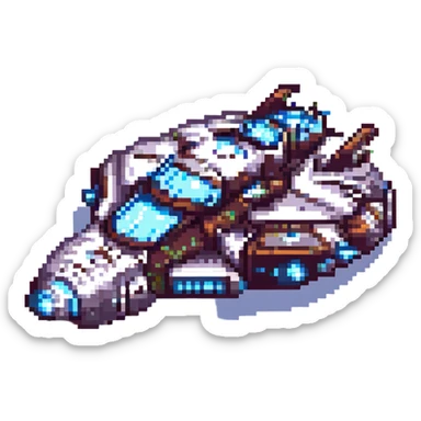A pixel art style space cruiser with a futuristic look, glowing engines, and a starry background. sticker