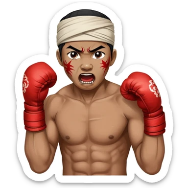 A traditional Lethwei fighter with wrapped bare fists and a traditional Burmese headband (gaung baung), shouting with fierce intensity, blood mark on glove, gritty and raw appearance, Burmese boxing sticker