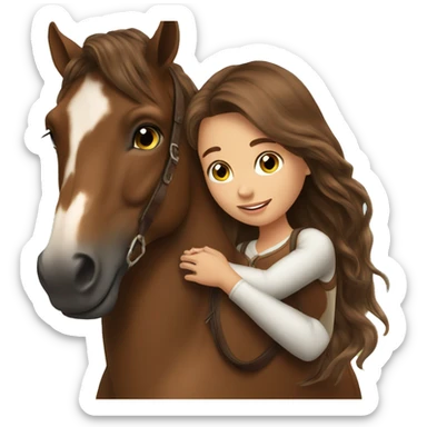 Beautiful Girl long brown hair hug her brown horse sticker