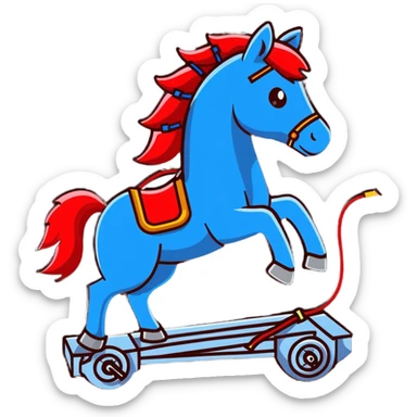 Fast running electric horse made of electricity, metal plates, bolts, visible blue and red wires, with lightning surrounding it sticker