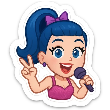Katy Perry as an emoji, pop star style, bright colors, expressive face, iconic hairstyle, no text sticker