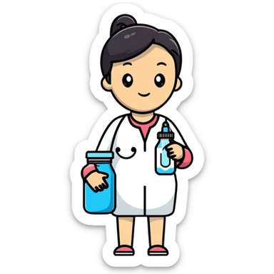 Mom holding milk bottle and vaccine syringe sticker