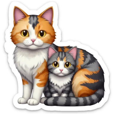 full body colourful light patched calico + white tabby cat cuddling a big dark grey and white tabby cat  sticker