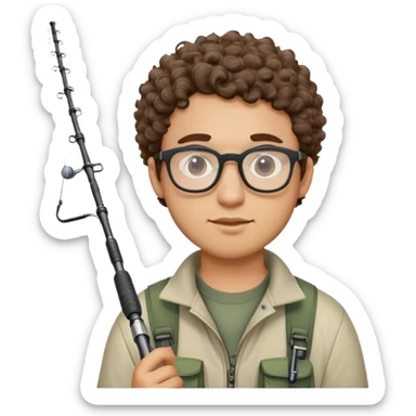 A young adult man with short curly brown hair, closely trimmed sides, round glasses, light beard, wearing fishing gear and holding a fishing rod. sticker
