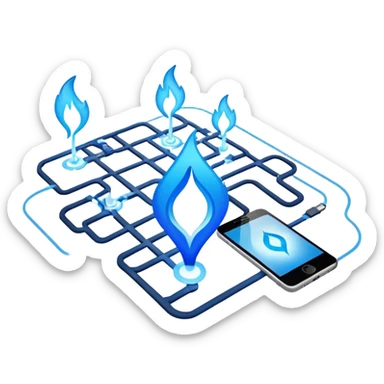 a map with a glowing blue flame on the x and networking paths sticker