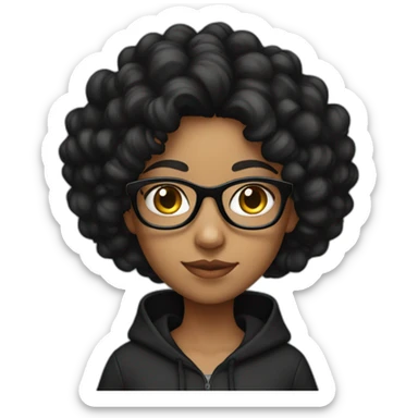 indian girl with glasses with black curly hair wearing a black hoodie with no zipper sticker