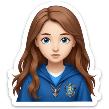 gorgeous Girl with light skin, blue eyes, long brown hair, wears a ravenclaw outfit sticker