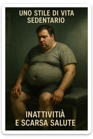 vertical realistic cinematic illustration of a sedentary man who stopped doing sports, with evident poor physical shape, relaxed posture, and signs of inactivity, clinical atmosphere, dramatic lighting, Italian captions, aspect ratio 2:3 sticker