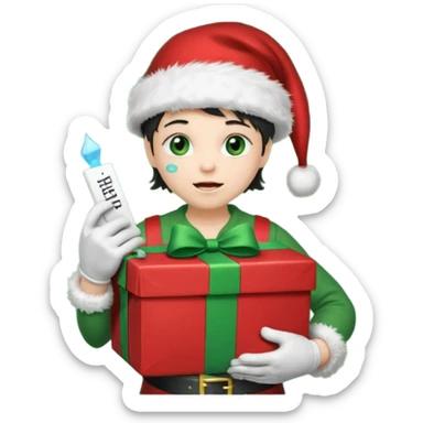 appears to be a naughty list with the words "NAUGHTY" written on top of it. It is sad with tears and wearing a Santa hat and has green boots and gloves. It is holding a present-looking chest in it's hands with coal inside. sticker