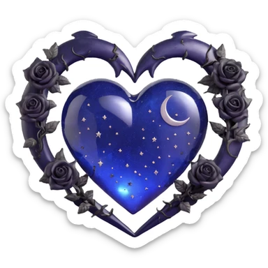 gothic heart made of midnight blue glass, adorned with a silver crescent moon, tiny black roses, shimmering stardust, lightning bolt effect, rain-soaked appearance, cracked glass texture sticker