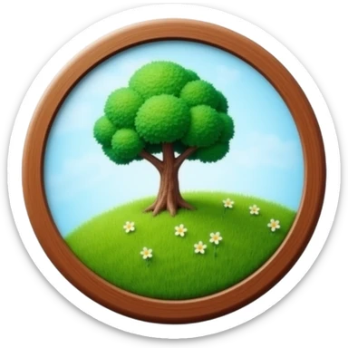 circular logo with a tree and grass, skeuomorphic, rich colors, beveled edges, polished, realistic look, pre-2010 icon design sticker