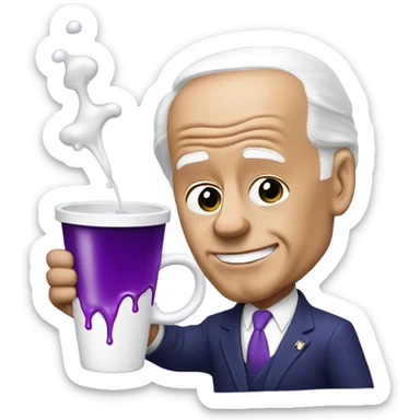 biden with purple liquid spilling out of white cup sticker
