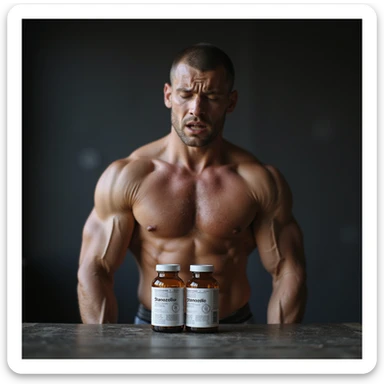 realistic photo of a crossfit athlete with a painful expression, showing joint problems all over the body, rigid posture, prominent muscles, next to him vials labeled 'Stanozololo', natural light, gym background sticker