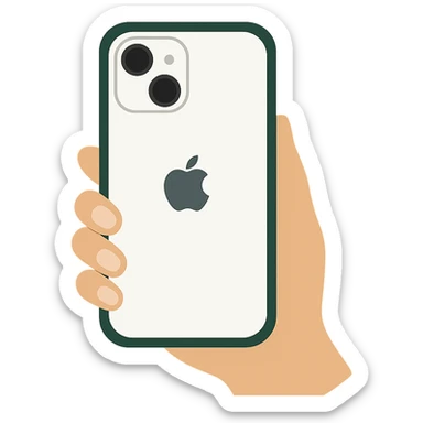 Image of a white iPhone with a dark green case, viewed from the back, held by a female hand with nude manicure, minimalist design, no emojis included, emoji style. sticker