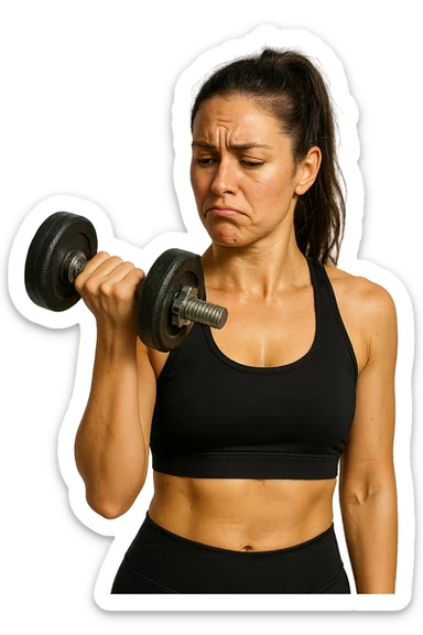 DONNA FITNESS CHE GUARDA DUBBIOSA UN MANUBRIO DA PALESTRA CHE HA IN MANO, iperrealistico 4k sticker