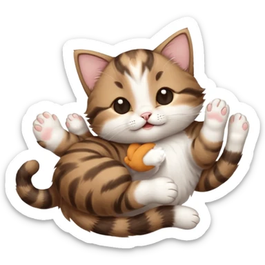 dark brown tabby and white kitten with his eyes closed whilst in funny positions stretched out and  upside down sticker