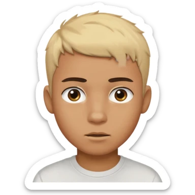 Short buzz, messy blonde hair. Dark brown bushy eyebrows large expressive golden-brown eyes, wearing a plain white t-shirt. Male Teenager. Brown skin color.  sticker