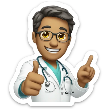 happy doctor pointing to his left side sticker